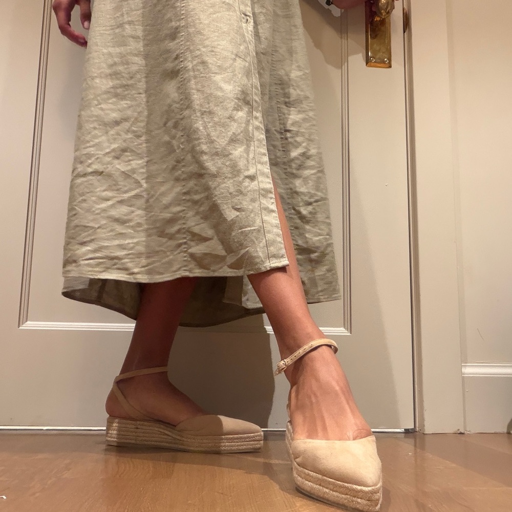 Espadrille Wedge Ankle-Strap Flats in Beige